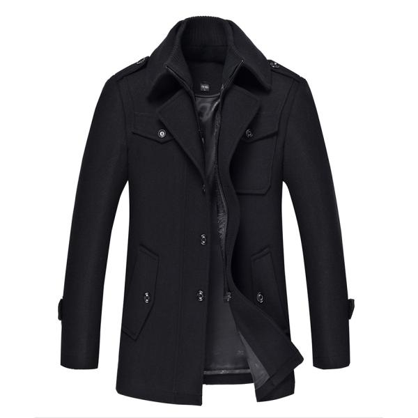 Double-layer Collar Men's Woolen Coat with Woven Woolen Fabric and Vintage Decoration
