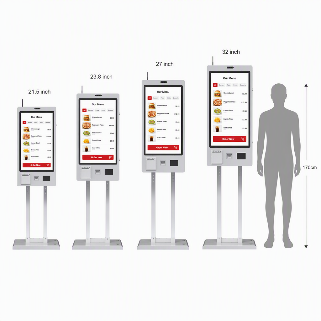 21.5 27 32 Inch Touch Screen  Wall Mount or Floor Standing Self Ordering Kiosk with QR Scanner Ticket Printer for Restaurants