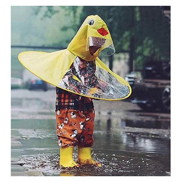 Cute Little Yellow Duck Childrens Waterproof Raincoats UFO Umbrella Hat Magical Hands Free
