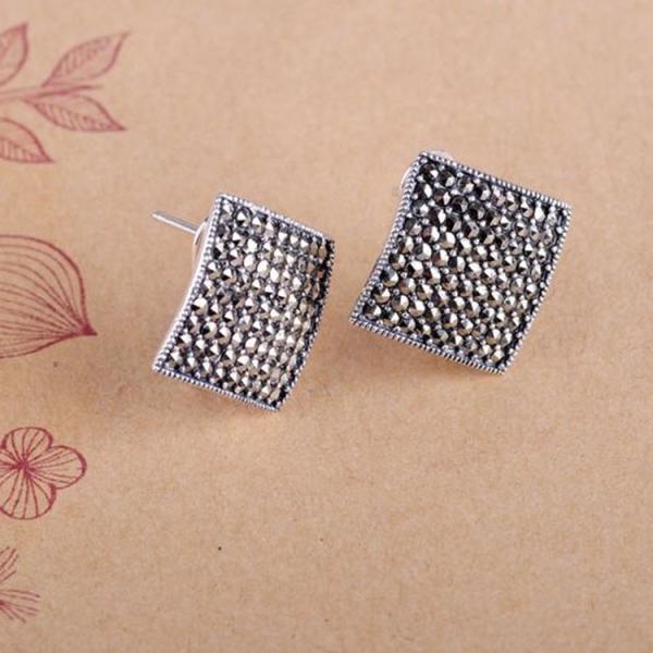 Thailand Silver Pave Marcasite Stud Earrings Women's Vintage Jewelry (E11063)