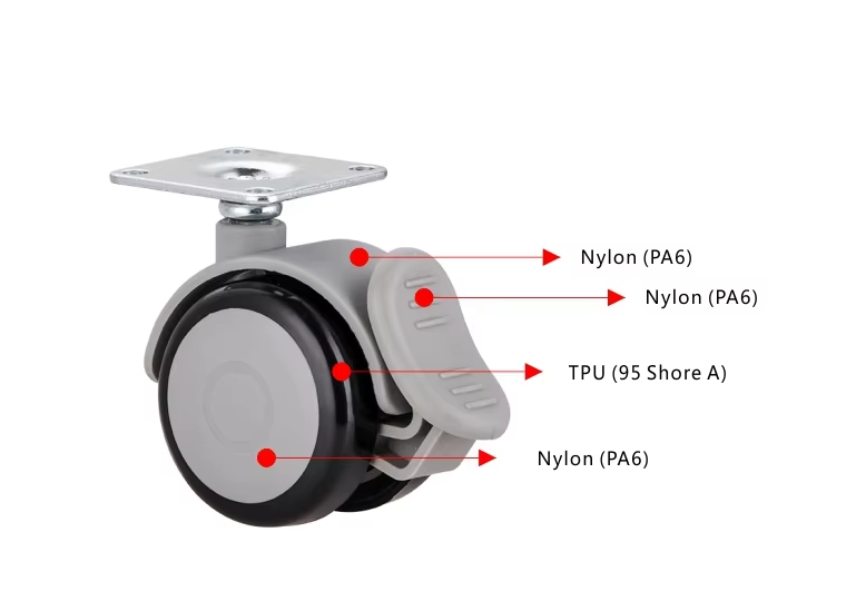 Modern 2 Inch Nylon Double Wheel Furniture Castors with Quiet Threaded Stem for Bathroom Dining and Kitchen