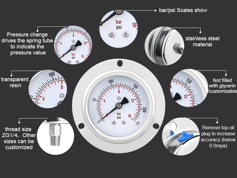 Zhejiang Manufactured 62.2mm All Stainless Steel Pressure Gauge with Flanged Edge