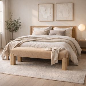 Nordic Solid Oak Upholstered Bench with Minimalist Bouclé Fabric and 130×40×45