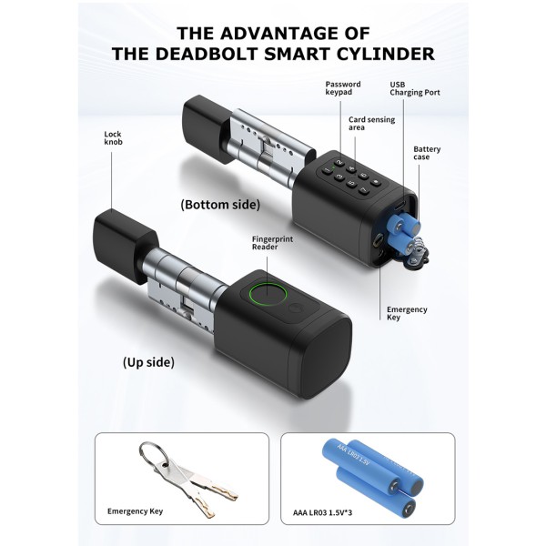 Yagu Easy Installation Tuya App Adjustable Fingerprint Code Key Smart Door Cylinder Lock Fingerprint Passcode Smart Lock