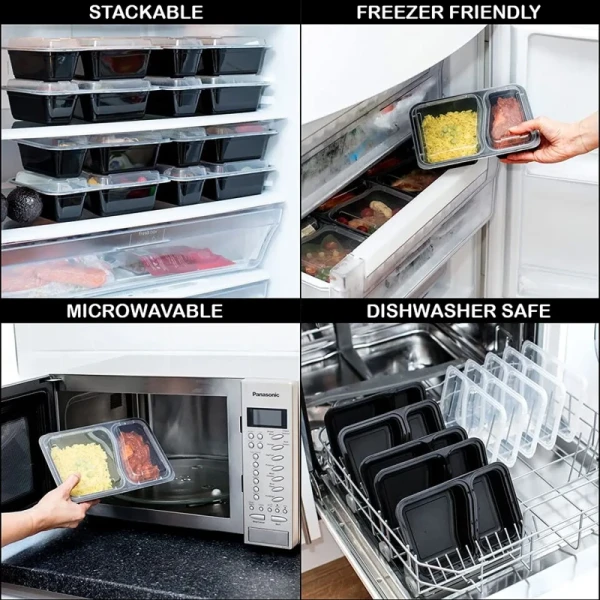2 Compartment BPA Free Lunch Boxes Rectangular Meal Prep Containers for Food Storage