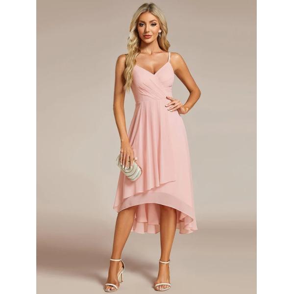 Elegant V-neck Spaghetti Strap Empire A-line High-low Chiffon Wedding Guest Dress Midi Pink Bridesmaid Dress
