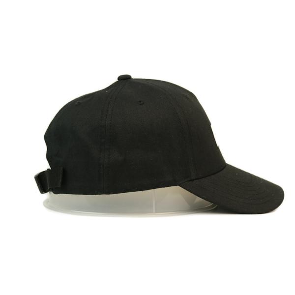 Black 6 Panel Curved Brim Custom Baseball Caps With Plastic Buckle Hats Bsci