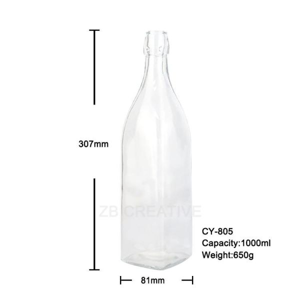 1000ml Flint Square Glass Water Bottle Swing Top For Juice 650g CY-805