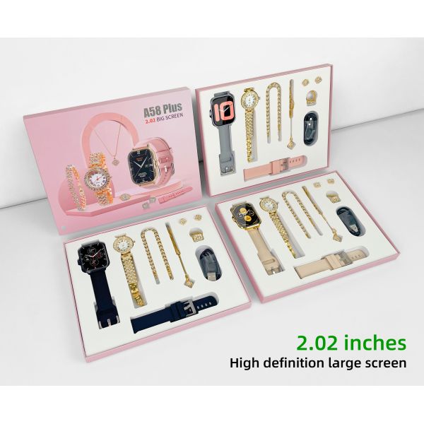 Eraysun 7 in 1 Strap A58 Plus Smart Watch 2.01inch Square Silicone Strap Quartz Lady Watch Necklace Ring A59 Plus Smartwatch