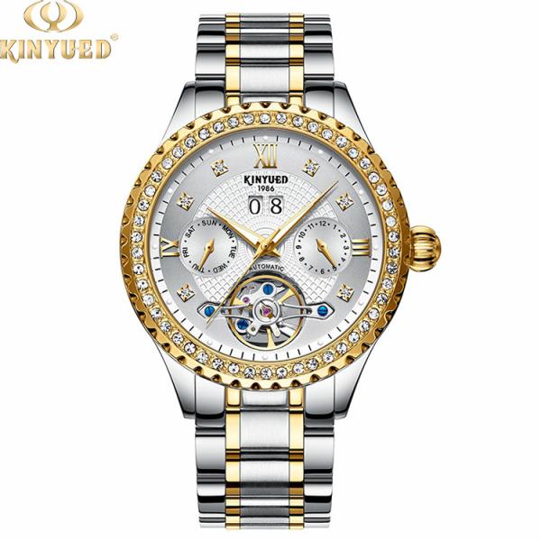 KINYUED calendar wrist watch gold dial with diamond case automatic mechanical watch