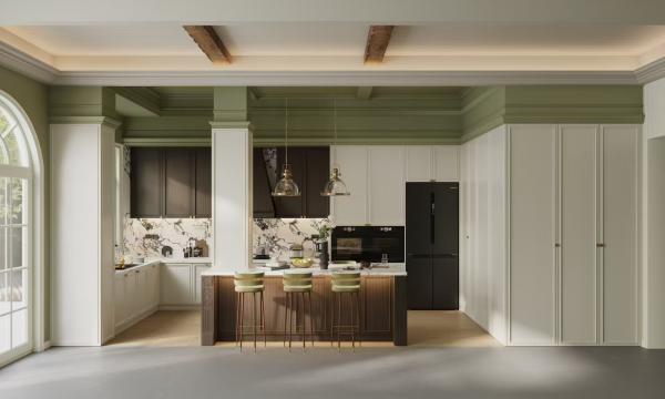 Fadior French Duotone Elegance: White & Black Stainless Steel Kitchen with Softwood Accents