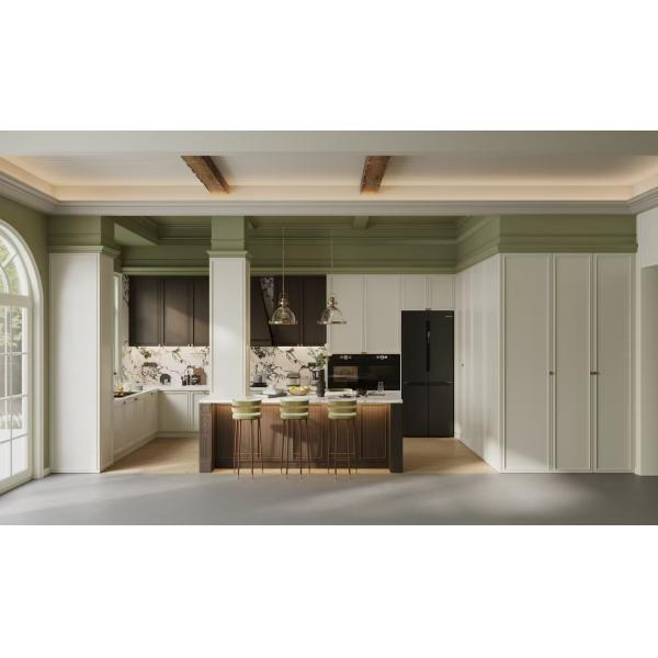 Fadior French Duotone Elegance: White & Black Stainless Steel Kitchen with Softwood Accents