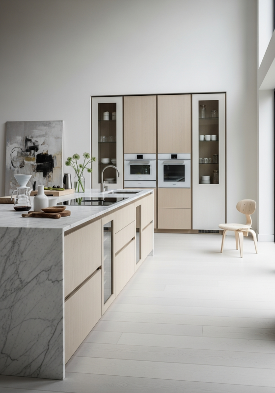Pale Oak Veneer Kitchen Cabinets in 304 Stainless Steel