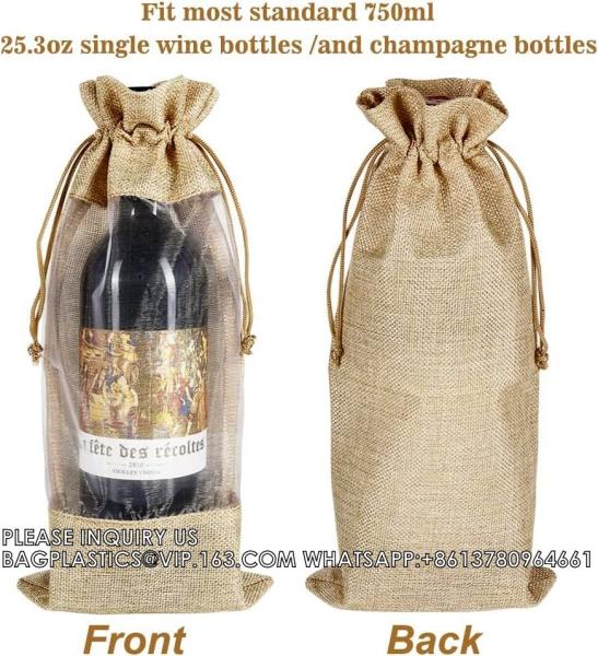 Burlap Wine Bags With Sheer Window, Hessian Cloth Bottle Gift Bags With Drawstring For Christmas Holiday Wedding Party