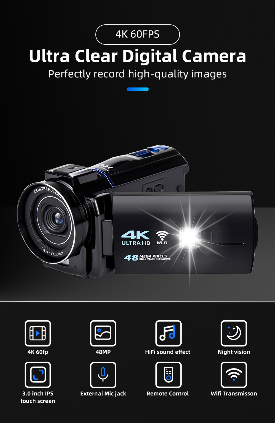 Professional 4K Digital Video Cameras Recorder with Wifi 48mp 16x Digital Zoom Camcorder Vlogging Camera for Youtube