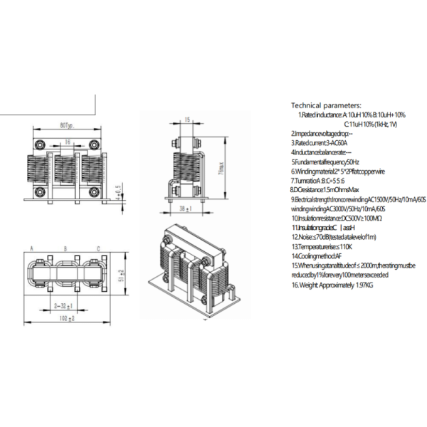 EI80 Core Three Phase Reactor 60A 11.5uH Low Loss Line Choke for 380V 400V Inverter