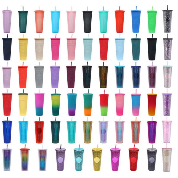 Studded Tumbler With Straw Tumblers With Lids And Straws Pink Tumbler With Straw Textured Cup BPA-Free Double-Wall Plastic Tumblers For Iced Coffee Cold Drinks Or Water 24 Oz