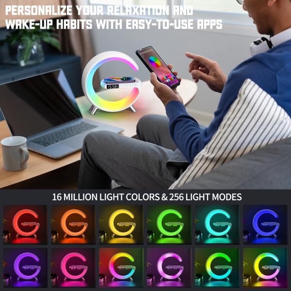 Adjustable Brightness RGBIC G-Shape Intelligent LED Desk Lamp Rgb LED Ambient Night Light with Wireless Charger Clock
