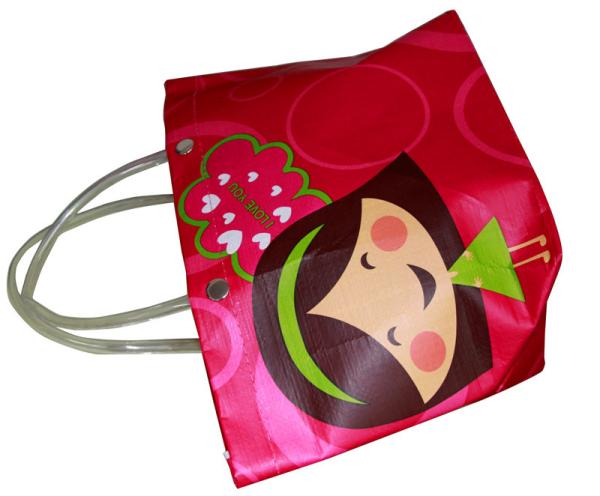 Reusable Orange PP Woven Shopping Bags With Transparent PVC Handle, Danceing Girls Pattern