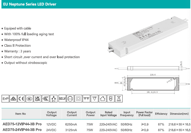 Waterproof IP44 LED Driver 60W/75W/100W Output DC12V/24V Bathroom Mirror Lighting Supply
