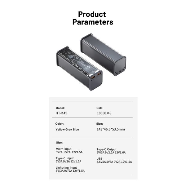 Built in Two Cables Fast Charging Powerbank 20000mah Transparent with Lcd Digital Display