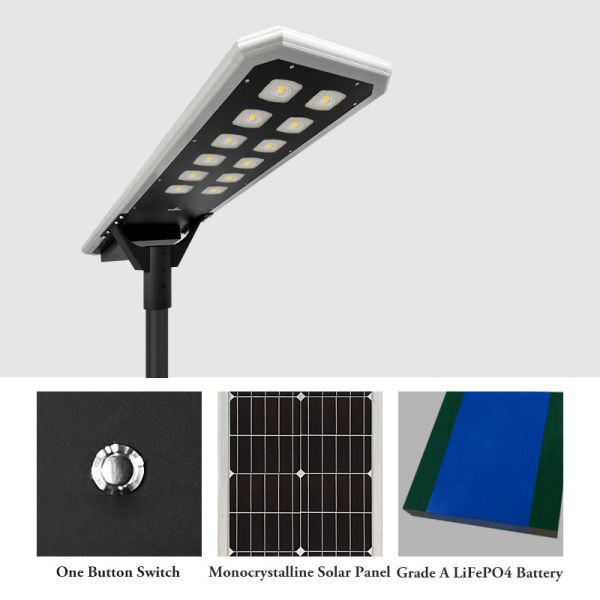 Solar Street Lights with solar panels and integrated battery system providing illumination for streets parks and pathways