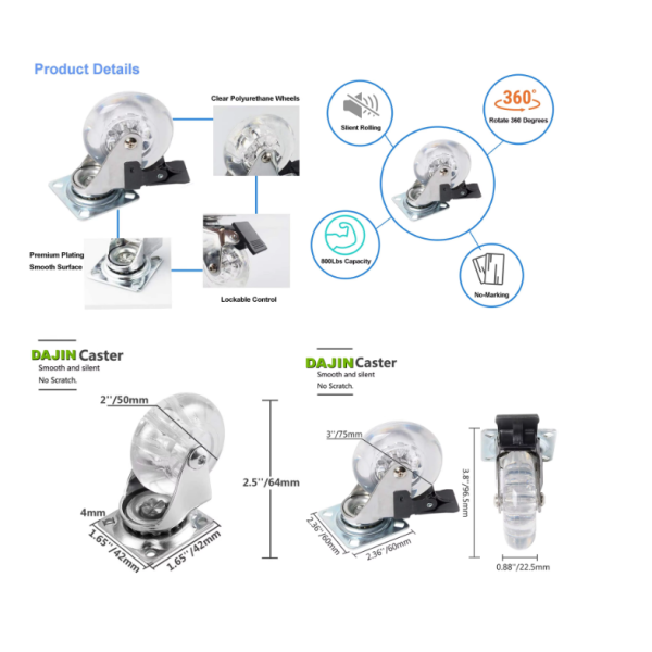 2-Inch 3-Inch and 4-Inch 100 mm Clear Swivel Brake Caster Wheels Made of Silicone for Office Chairs Cabinets and Furniture