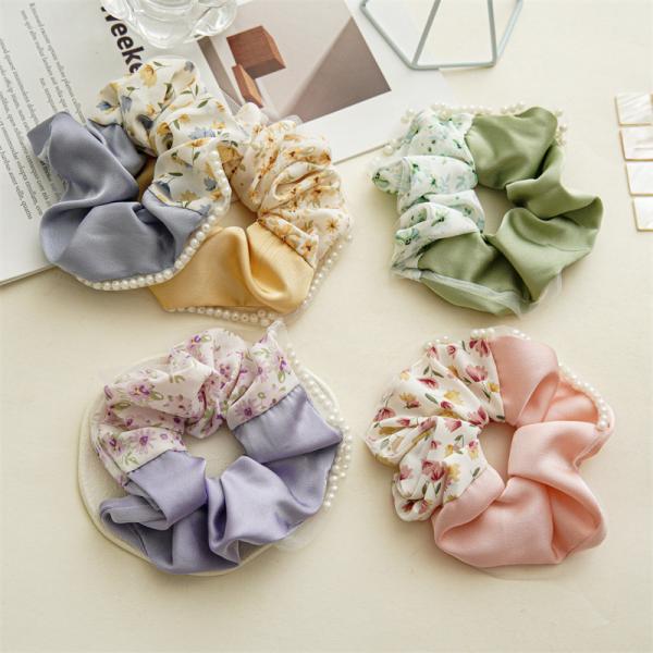 Summer patchwork acrylic beads color floral satin beaded hair scrunchies hair accessories Ins horsetail rubber band