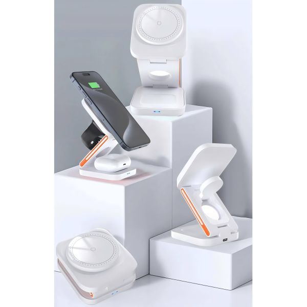 Folding Phone Watch Earbud Charger 3 In 1 Magnetic Wireless Desk Stand Charger