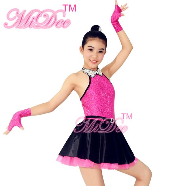 Fancy Polyester Lycra Girl Jazz Dance Dress With Rhinestones Choker Collar