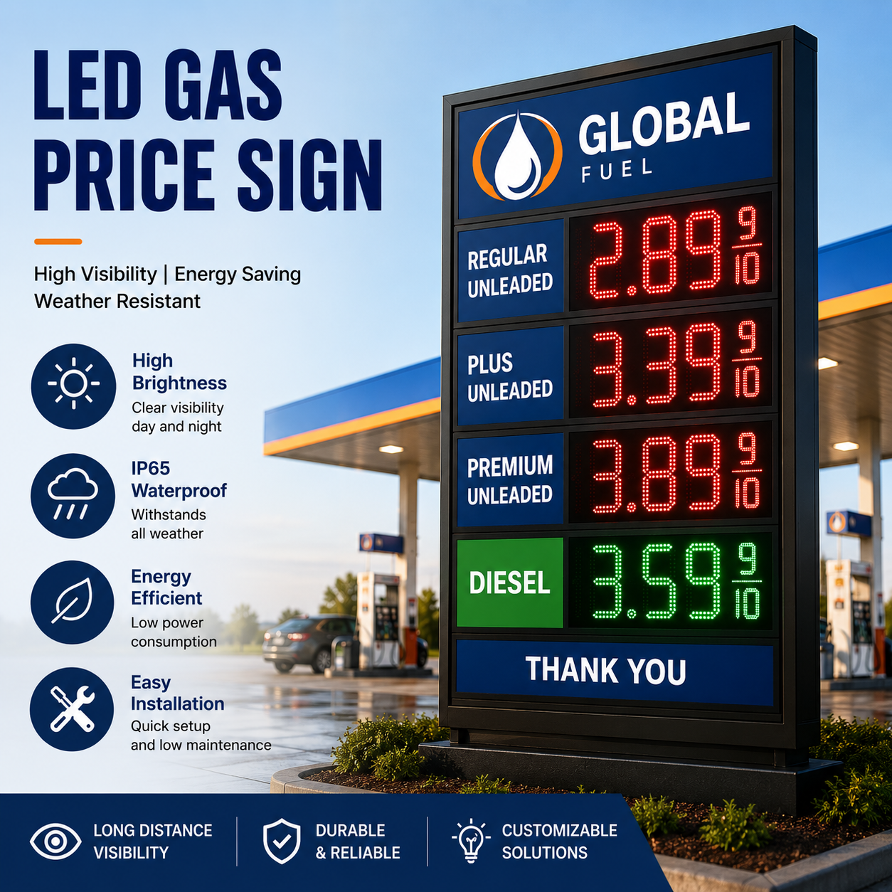 High Brightness LED Fuel Price Sign with Remote Control and Waterproof Outdoor Design for Gas Stations