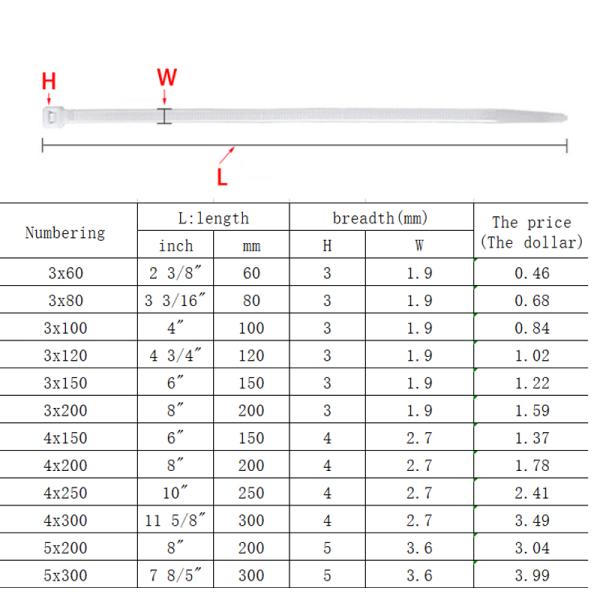 1.2mm Self Locking Nylon Cable Zip Tie 5X300 3X200 1.8mm 3.6mm