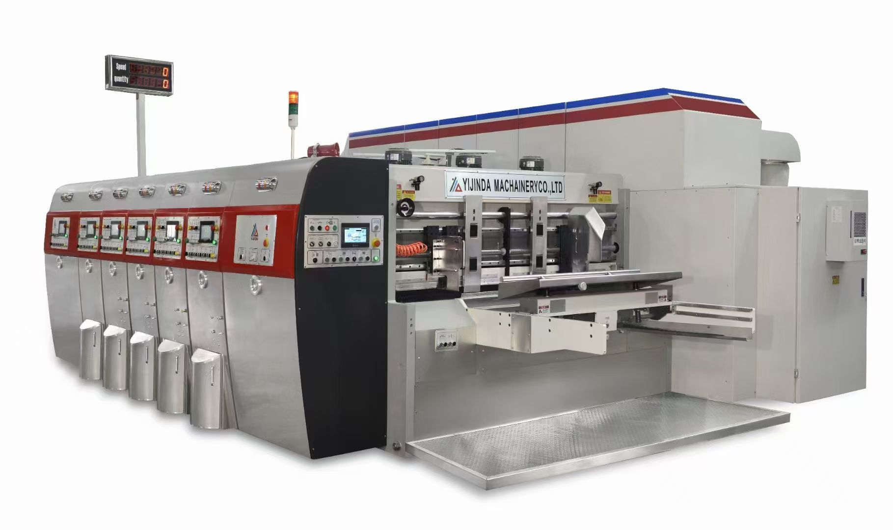 White Color G6-0920 All Computer Controled Pressure Free Feed Structure Lead Edge Vacuum Transfer 4 Color Printer + Slotter + Die Cutter + Vibrator + Stacker