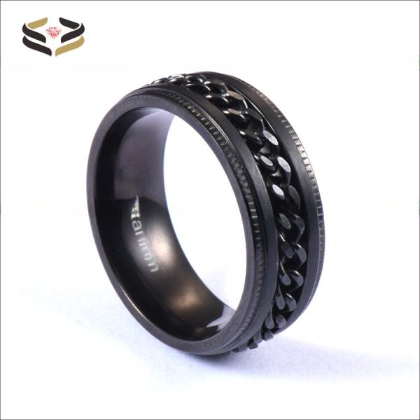 Gear Step Edge Black Titanium Rings Stainless Steel Chain Braided Inlay 8mm