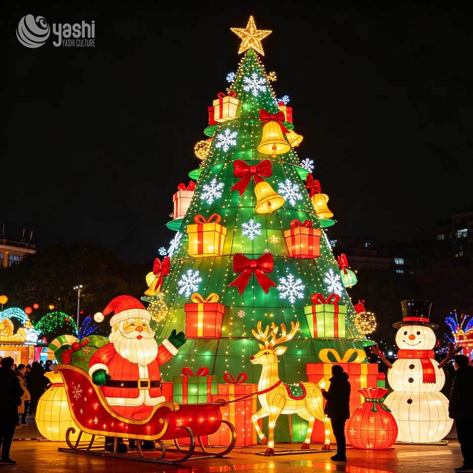 Custom LED Giant Christmas Tree Light Sculpture Set, Outdoor Xmas Scene Lights with Santa Sleigh, Reindeer & Snowman for Festival Light Show, Support Customization