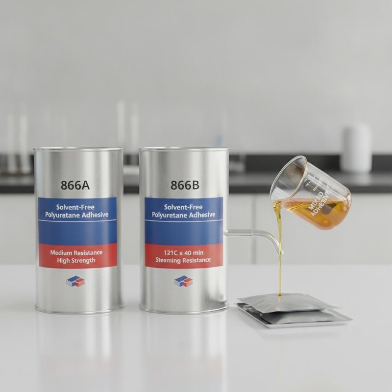 866A 866B Solvent-Free Polyurethane Adhesive with Medium Resistance High Strength and 121C x 40 min Steaming Resistance for Flexible Packaging Lamination
