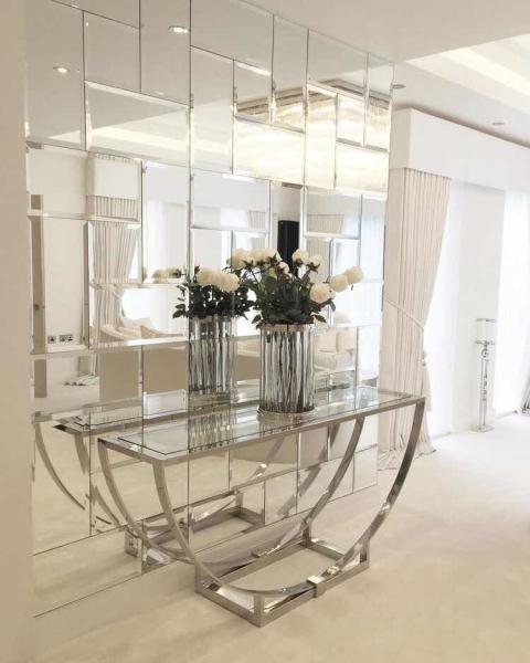 Contemporary Silver Stainless Steel Frame Transparent Tempered glass Top Demilune Console table