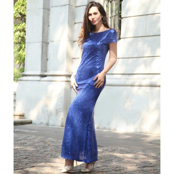 hot sale polyester short sleeve long women Bodycon evening beaded dress with gold sequin in red blue purple gray beige