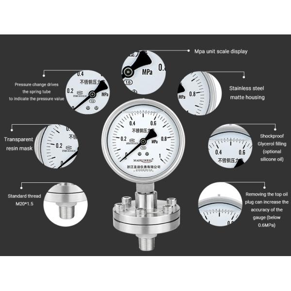 High Precision 1.6% YTP100BF Diaphragm Seal 4 Inches Manometer Pressure Gauge