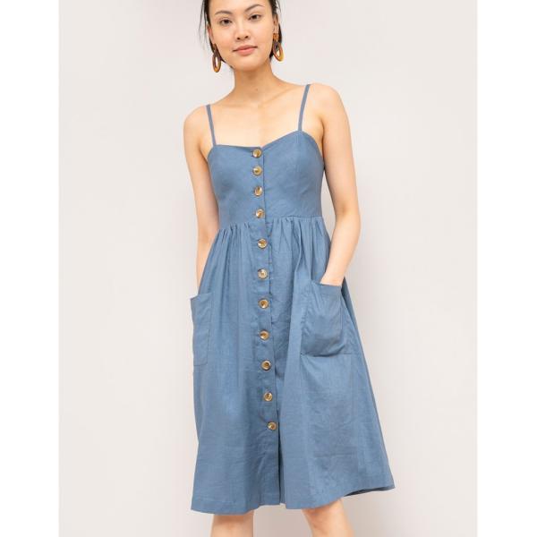 Summer chambray midi linen dress with a fit & flare silhouette and a button up front