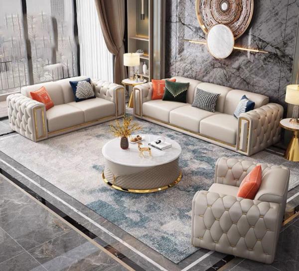 Luxury Beige Sofa Set Furniture Velvet 1 2 3 Seat Gold Stainless Steel Living Room Sofas