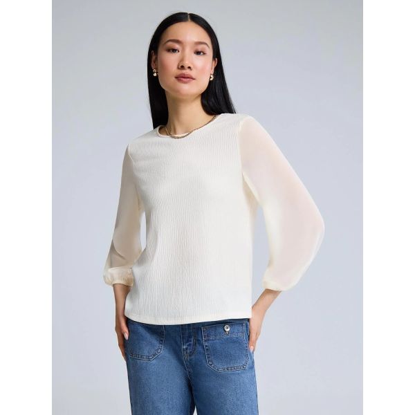 Elegant Round Neck Blouse with Sheer Chiffon Sleeves - Textured Knit Body (Cream / Blush Pink)