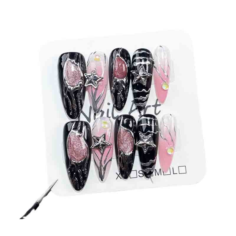 Almond Black Handmade Press On Nails Star Metal Line Glitter Rhinestone Nail Tips