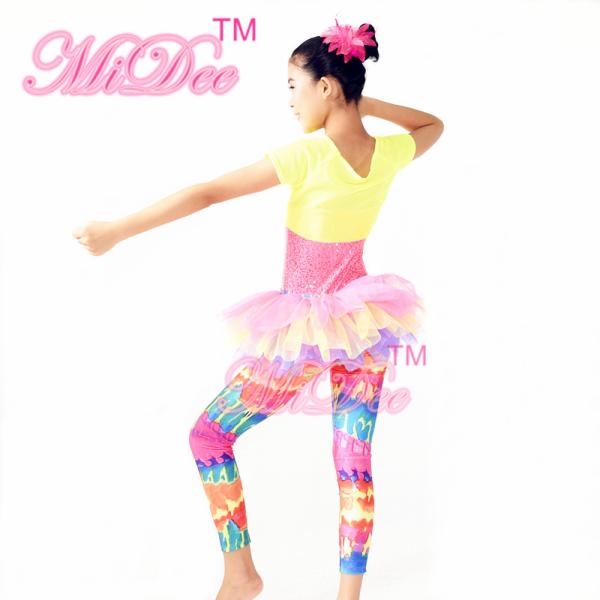 Amiable Dance Competition Costumes Yellow Pink T shirt Skirt Tiers Slender Leotard