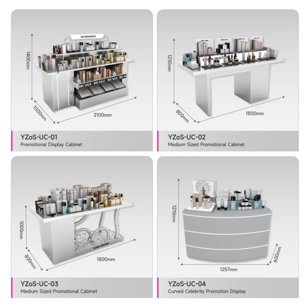 Skincare Promotional Display Table Gray Stainless Steel Premium Store Showcase For Skincare Store Design And Makeup Store Decoration