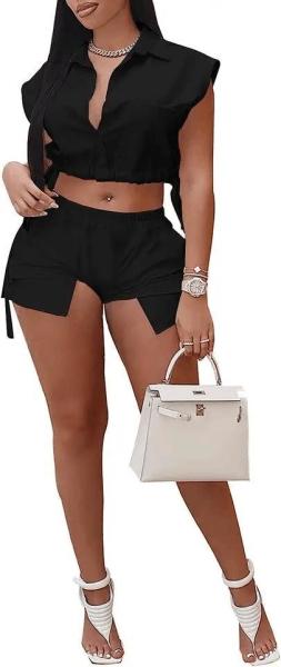                  Women′s Sexy Summer Two Piece Outfits Button Down Crop Top Short Sleeve Tracksuit Sets with Pockets Plus Size Suit for Women             