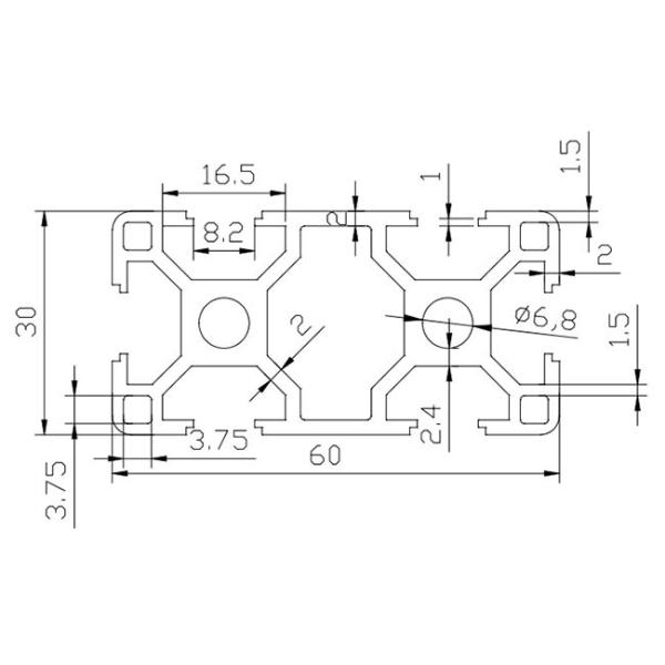 60 * 30 Sliver Anodized T Slot Aluminum Profile With Two 6.8mm Holes