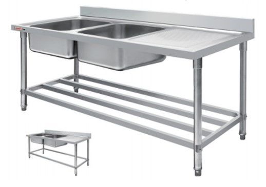 Durable Stainless Steel Double Sink Bench , 1800mm Restaurant Kitchen Food Service Prep Tables