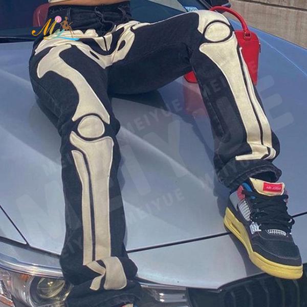 OEM Nuevo diseño personalizado con bordados de chenille de hueso hombres pantalones vaqueros pantalones azules casual pantalones deportivos Pantalones De Hombre jeans