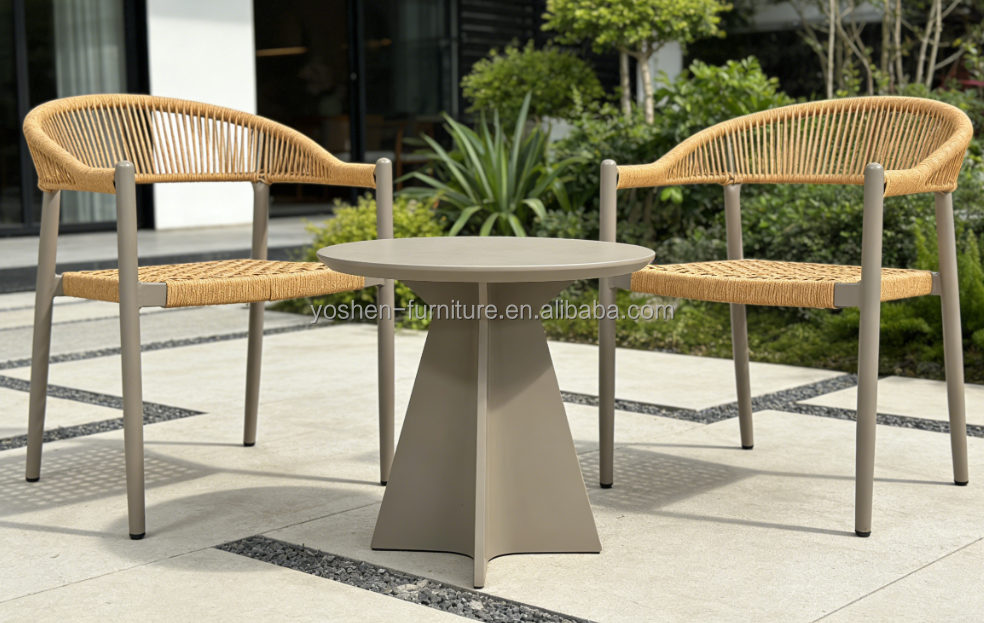 Beige Rope Woven Outdoor Dining Arm Chair with Grey Frame for Coastal Patio Garden